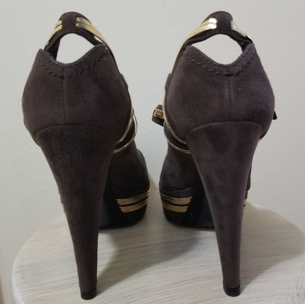 Sergio Rossi Brown Suede Platform Pump Gold Chain - Picture 6 of 10